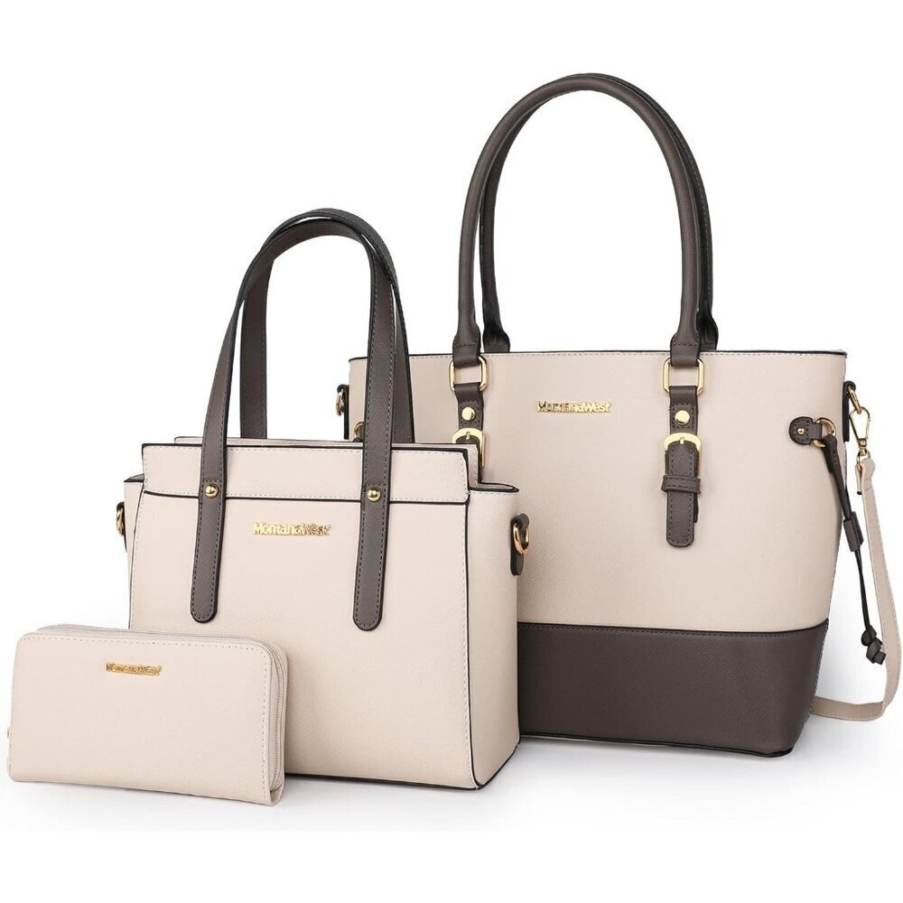 Womens Beige & Grey 3PCS Purses Set Tote Bag Wallet & Shoulder Satchel Handbags